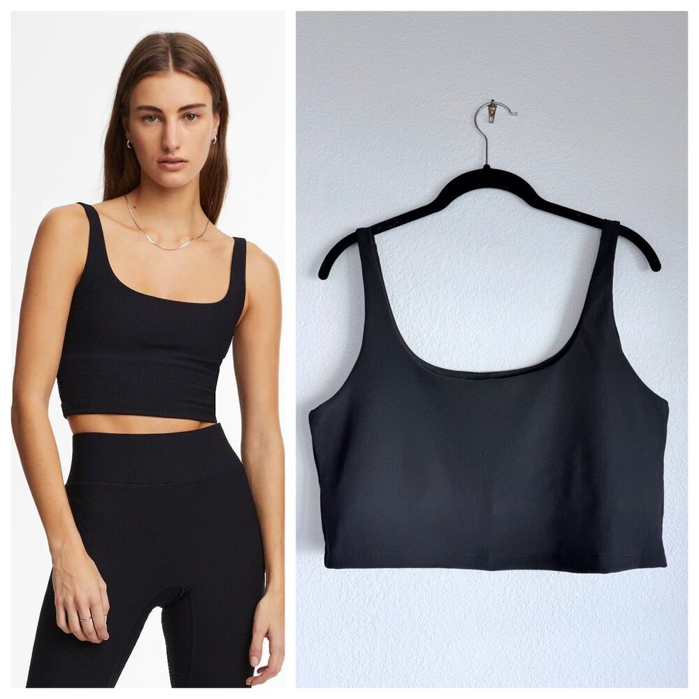 NWT All Access by Bandier Sport Rib Tempo Scoopneck Crop Top Bra in Black Sz XL